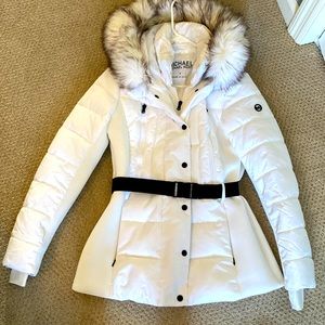 Michael Kors white jacket with fur lined hood.